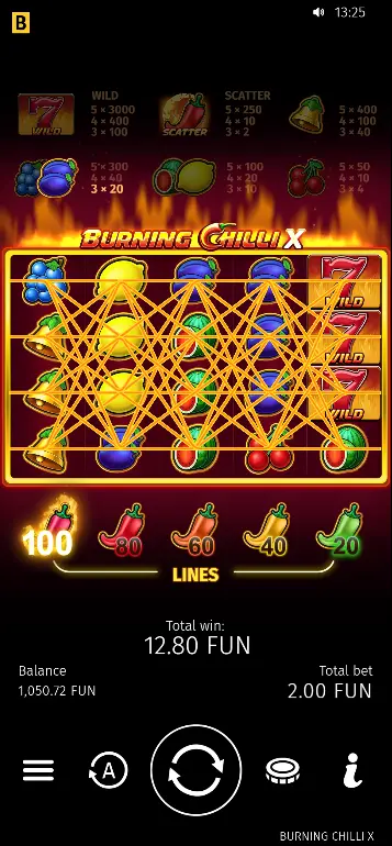 Selector de líneas ajustables de Burning Chilli X mostrando 100 líneas activas