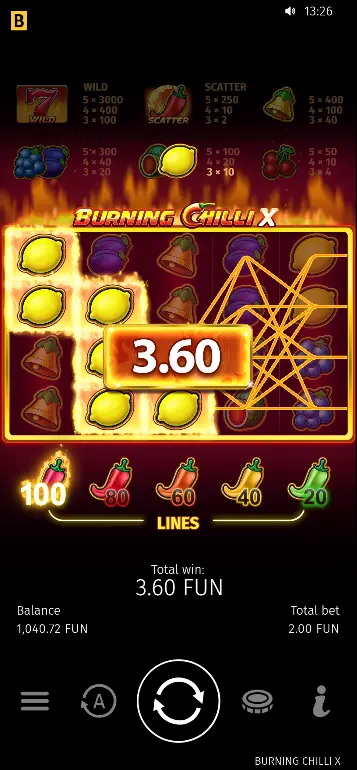 Combinación ganadora de Burning Chilli X con línea de pago activa resaltada y Ganancia Total mostrada