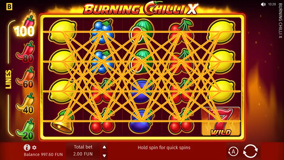 Selector de líneas ajustables de Burning Chilli X mostrando 100 líneas activas