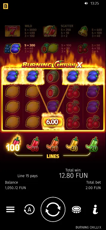 Burning Chilli X slot base game with full reel grid and line selector buttons