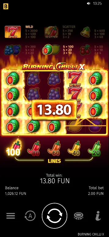Burning Chilli X slot reels with Flaming 7 Wild in winning combination showing maximum payout