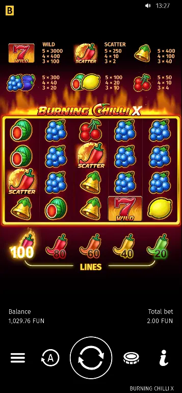 Burning Chilli X Scatter symbol Burning Chili Pepper on reels with scatter win shown